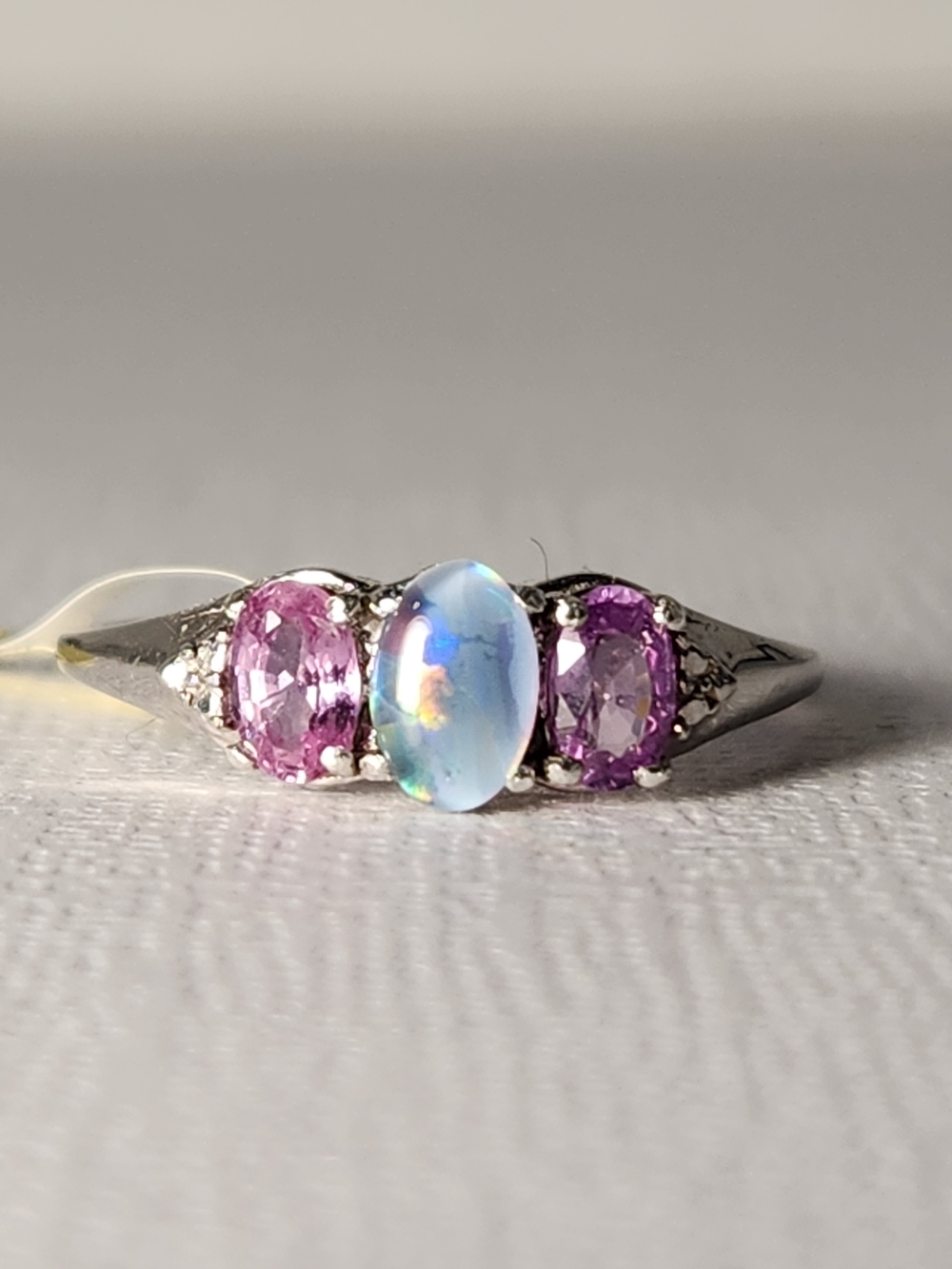 NWT Real Natural Pink & Violet Real Sapphires & Opal Trilogy 925 Ring Sz 7